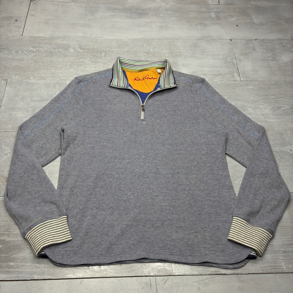 Robert Graham Quarter Zip Pullover Mens Large Blue Striped Waffle Knit Sweater